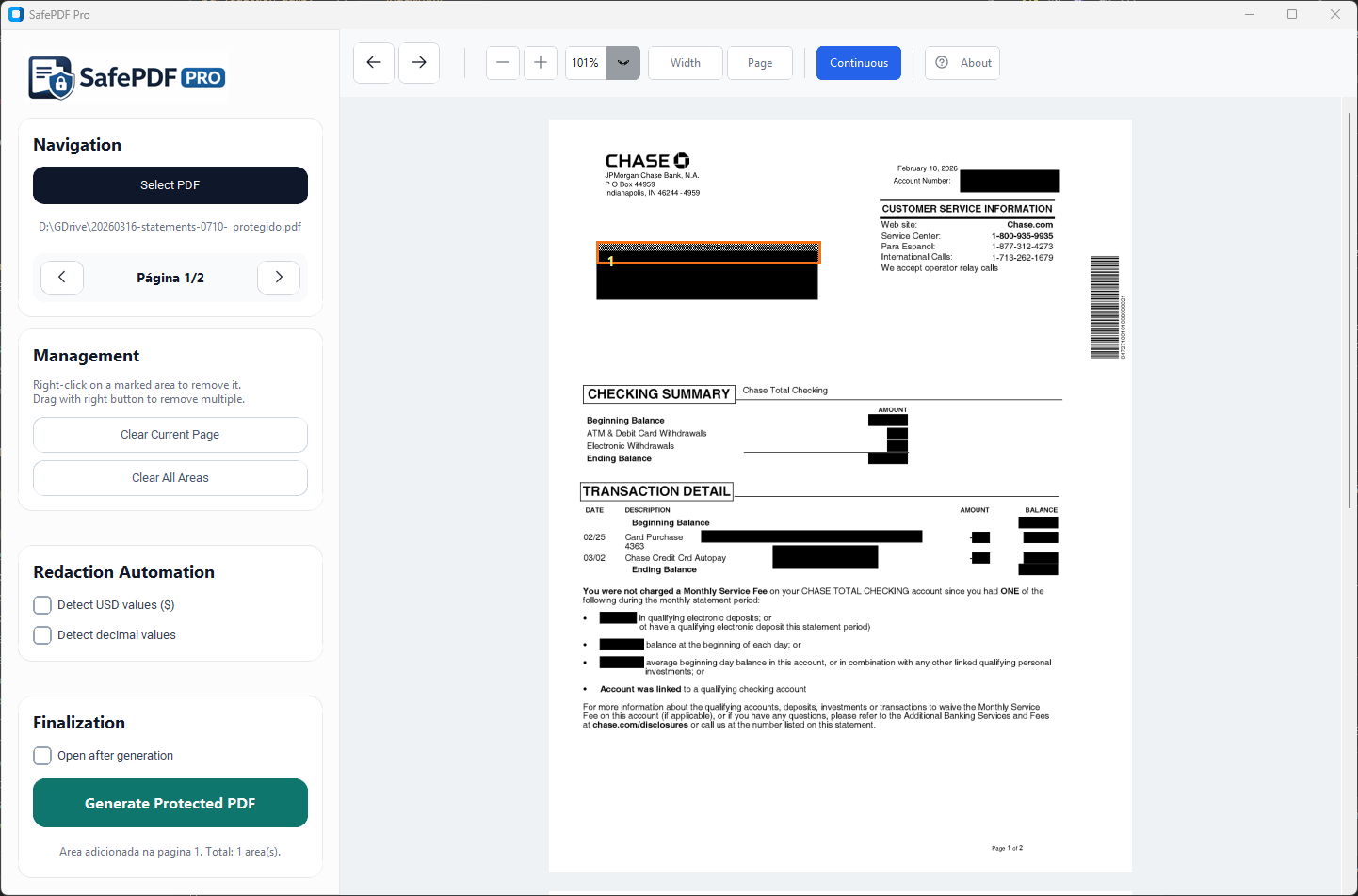 SafePDF Pro interface showing a document with redacted sensitive data